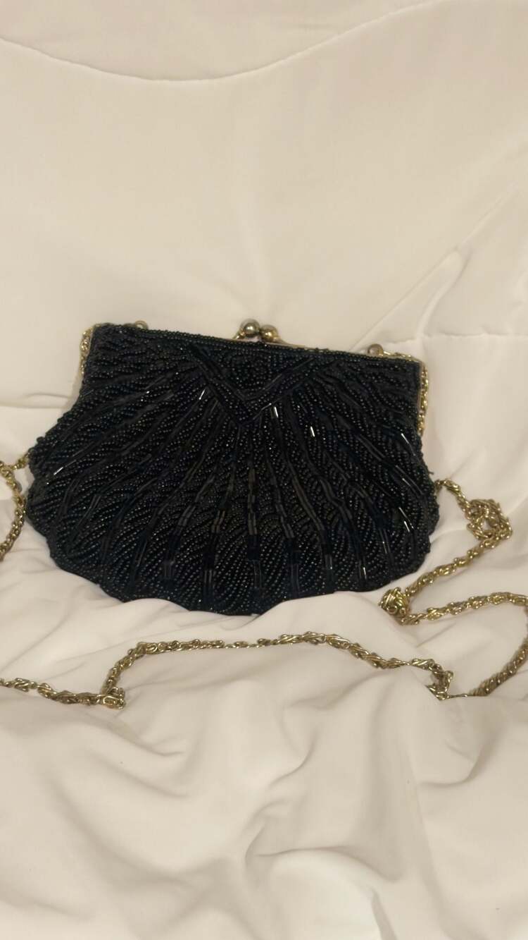 Le Regal Vintage Black Beaded Evening Clutch Bag with Chain Strap